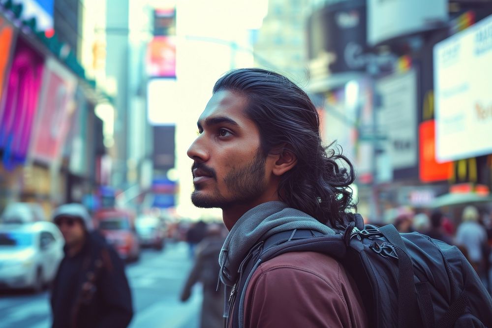 Indian backpacker city photography portrait.