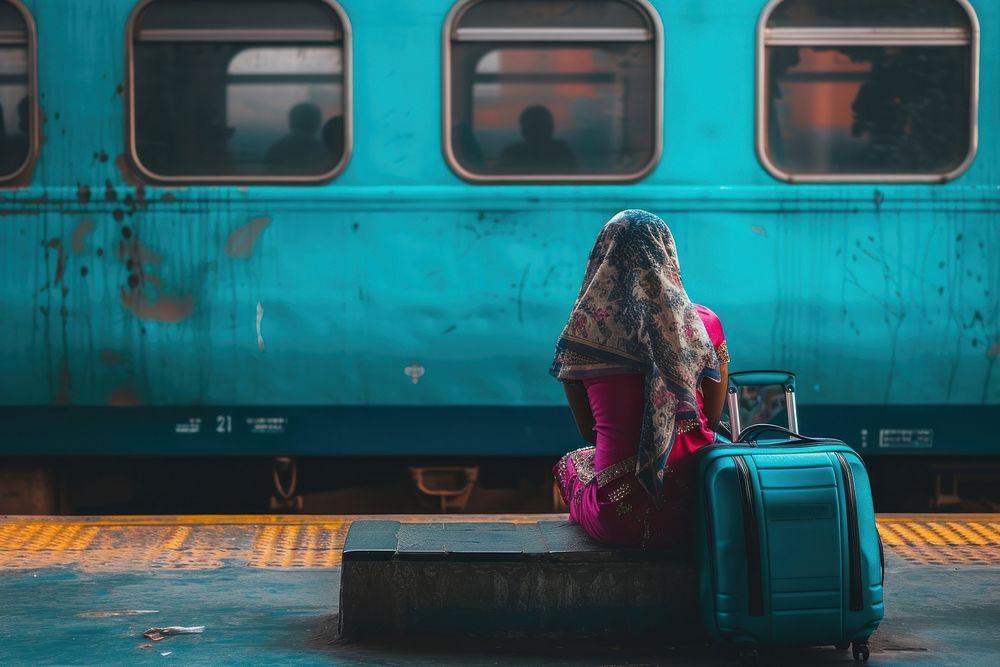 Indian women backpacker train luggage vehicle.