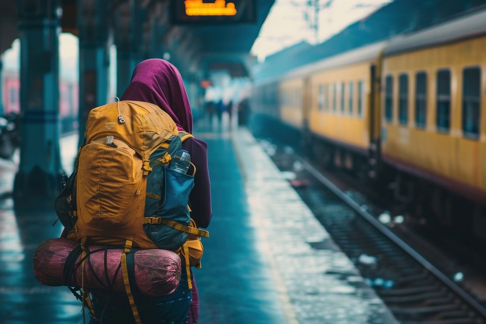 Indian women backpacker train station vehicle.