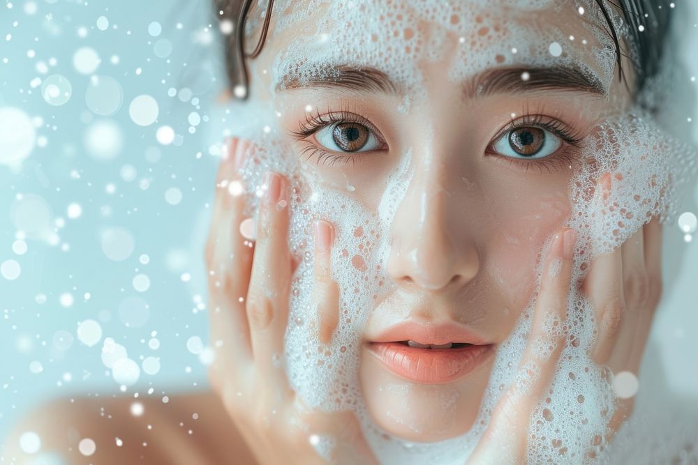 Japanese women washing face forehead.