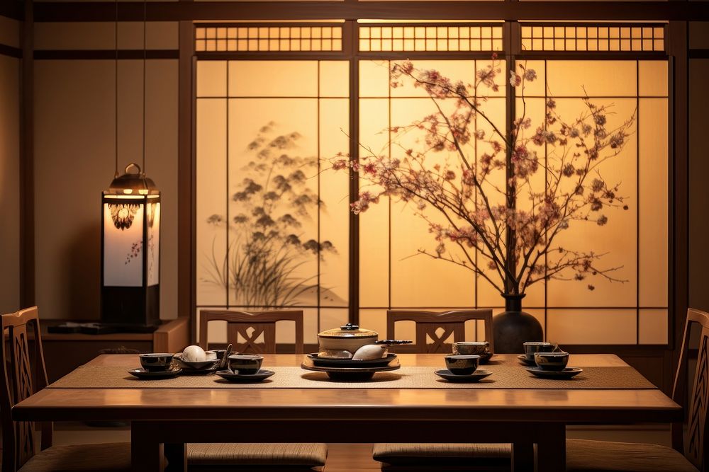 Japanese style dining room architecture furniture building.