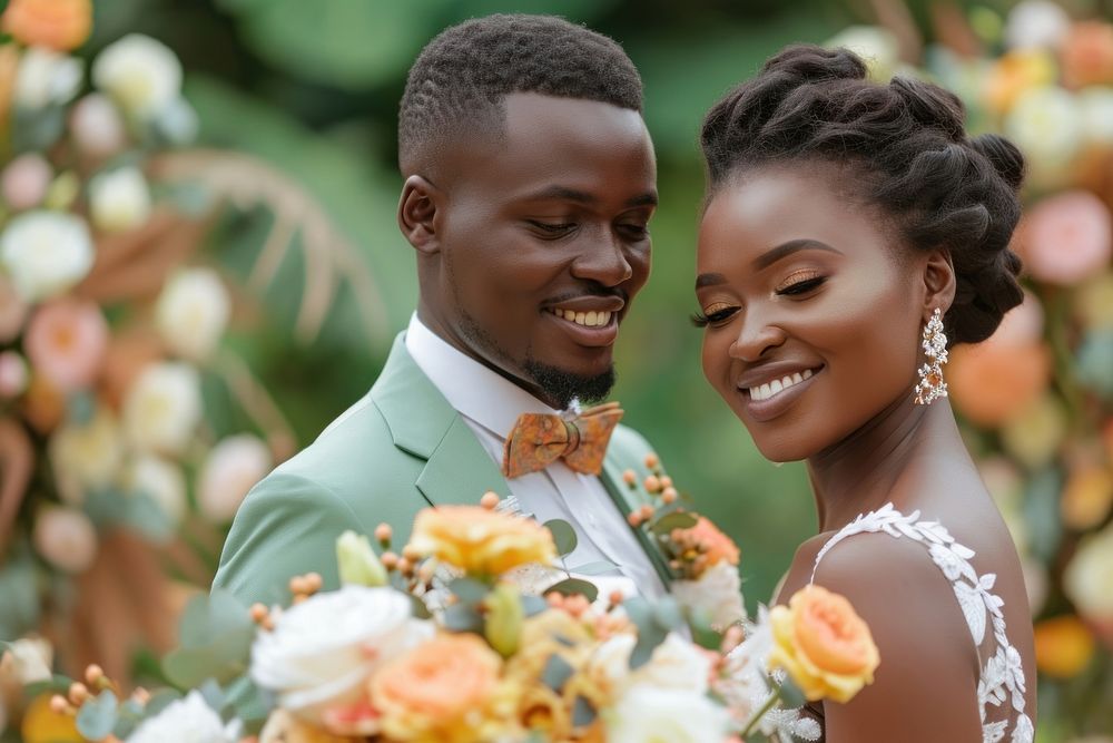 African couple wedding married smiling.