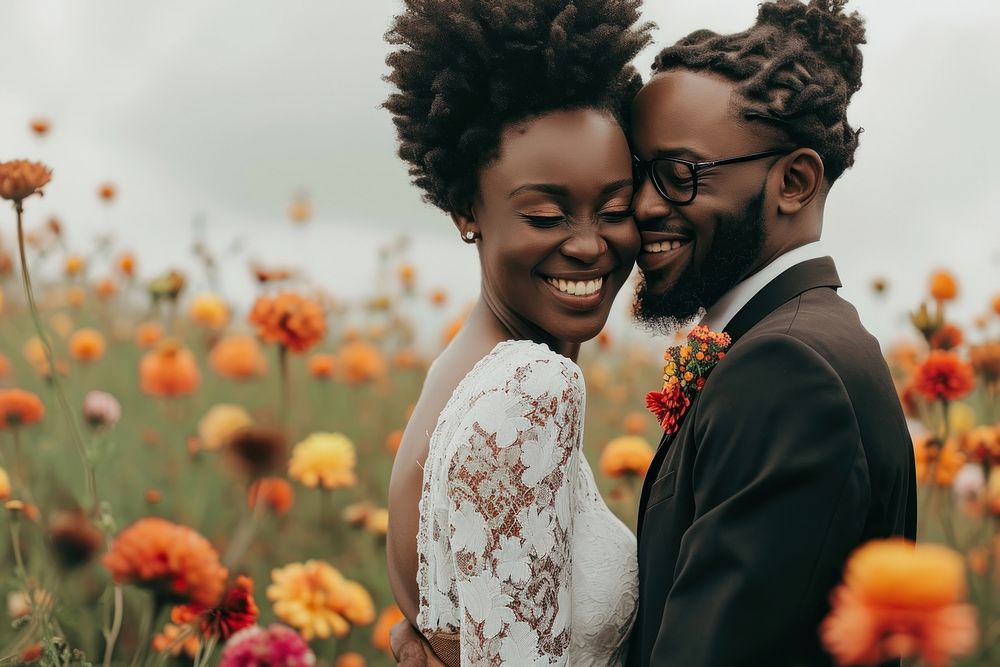 African couple wedding flower outdoors.