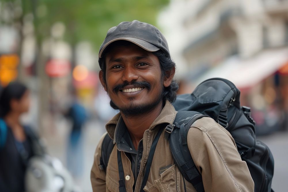 Sri lankan man photography backpack smiling.