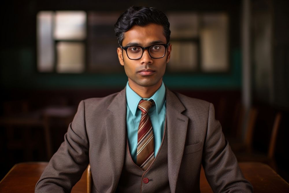 Suited Indian Man glasses tie portrait.