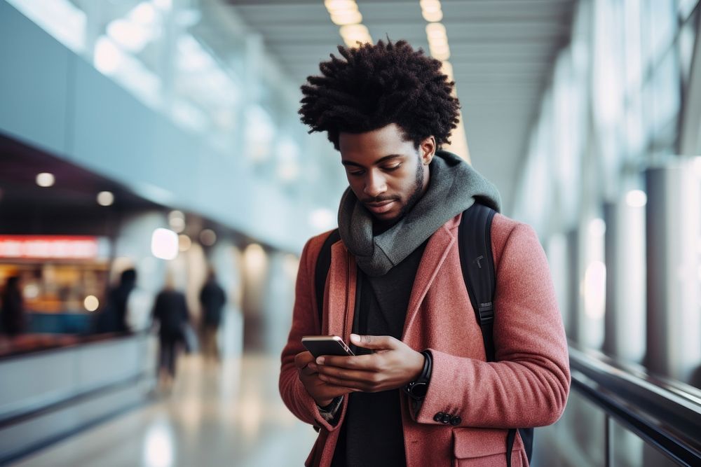 Black young man at the airport looking at the list of destinations holding a cell phone adult transportation architecture.
