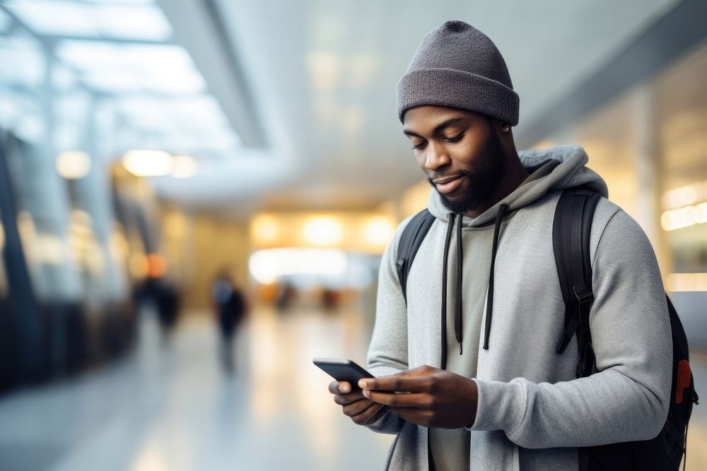 Black young man at the airport looking at the list of destinations holding a cell phone adult photo architecture.