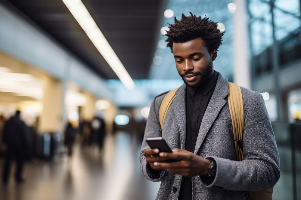 Black young man at the airport looking at the list of destinations holding a cell phone adult architecture portability.