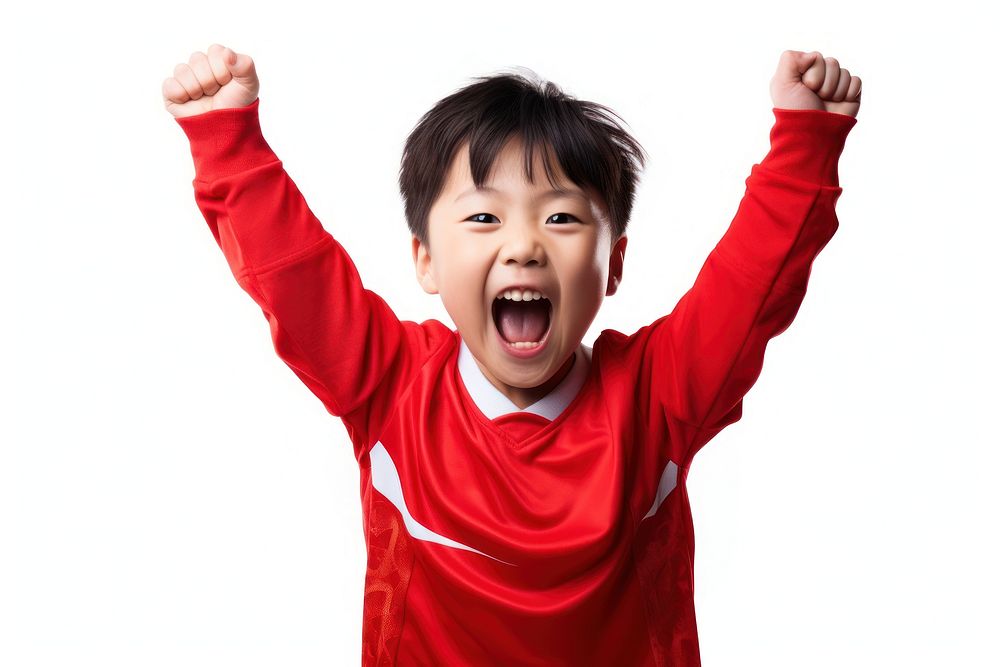 China kid football player Costume shouting child happy.