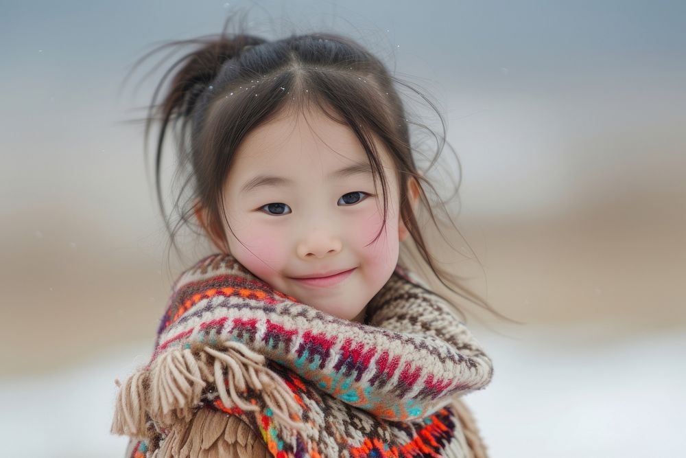 Little Mongolia girl portrait child scarf.