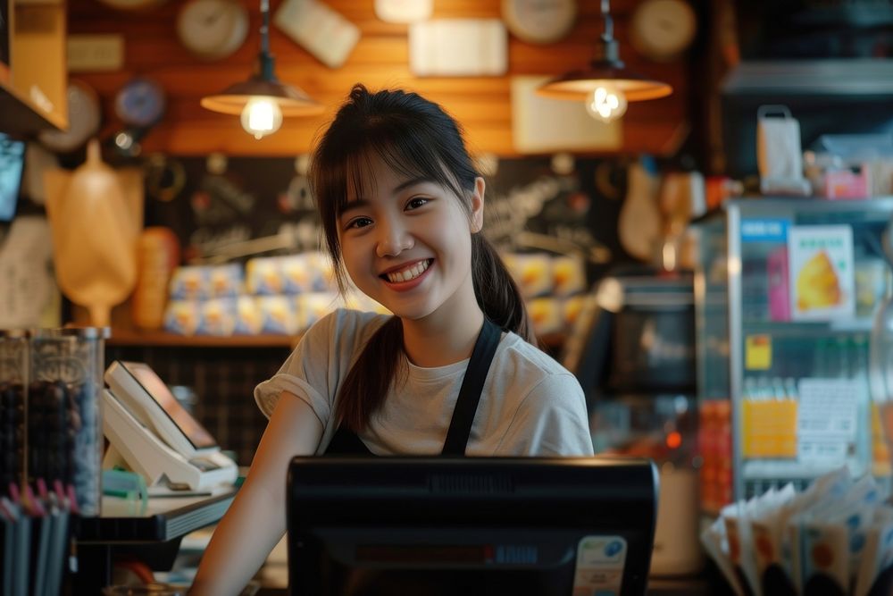 Little China girl cashier market happy entrepreneur.