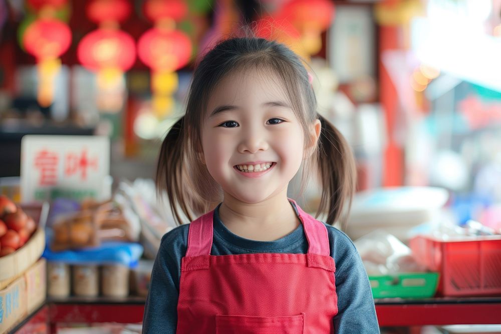 Little China girl cashier portrait child smile.