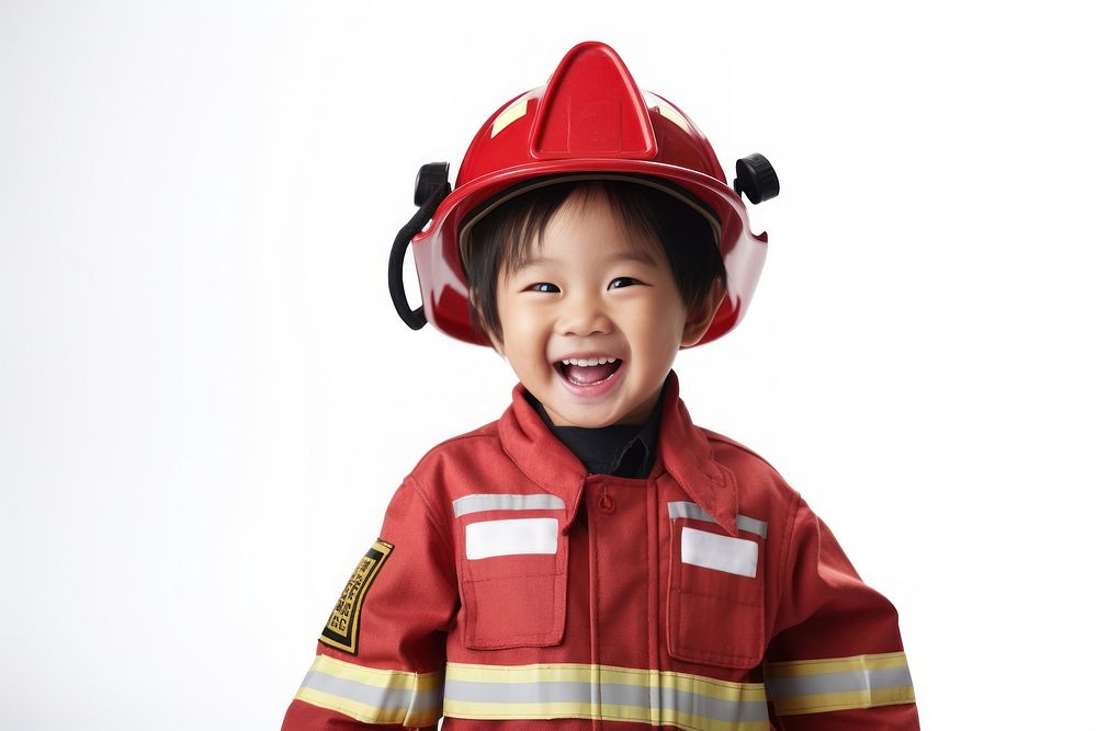 Little China girl fireman Costume costume helmet happy.