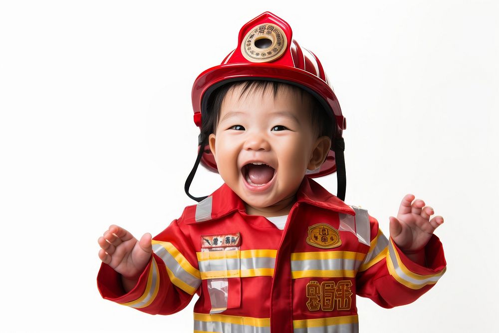 Little China girl fireman Costume costume helmet happy.