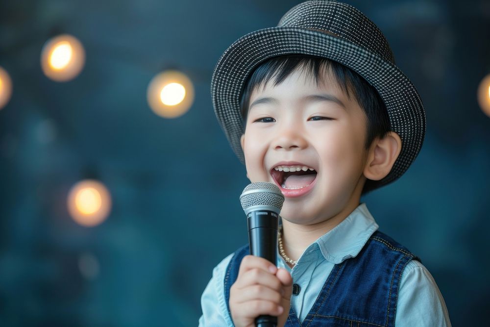 Little singer China boy microphone child happy.