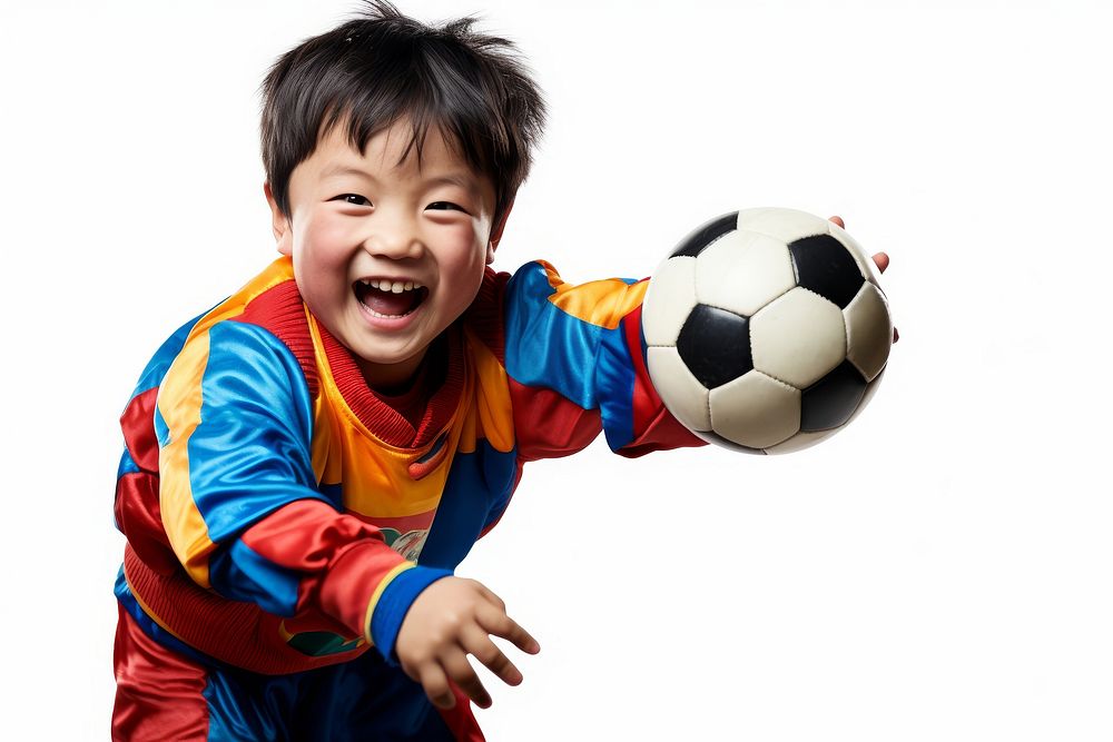 Mongolia kid football player Costume sports child happy.
