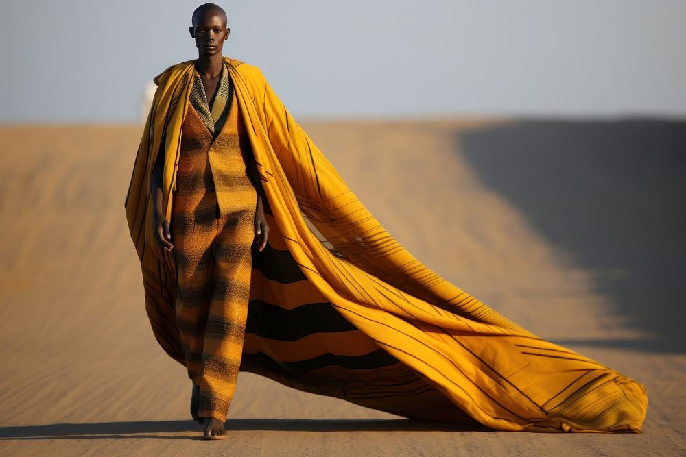 An african man model on fashion runway outdoors nature sunlight.
