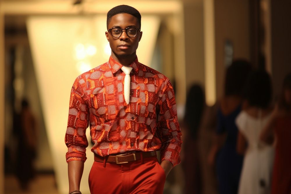 An african man model on fashion runway adult shirt accessories.