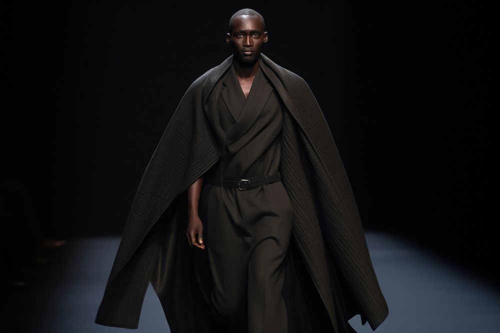 An african man model on fashion runway overcoat portrait darkness.