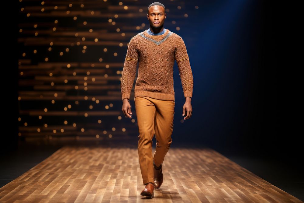 An african man model on fashion runway sweater performance performer.