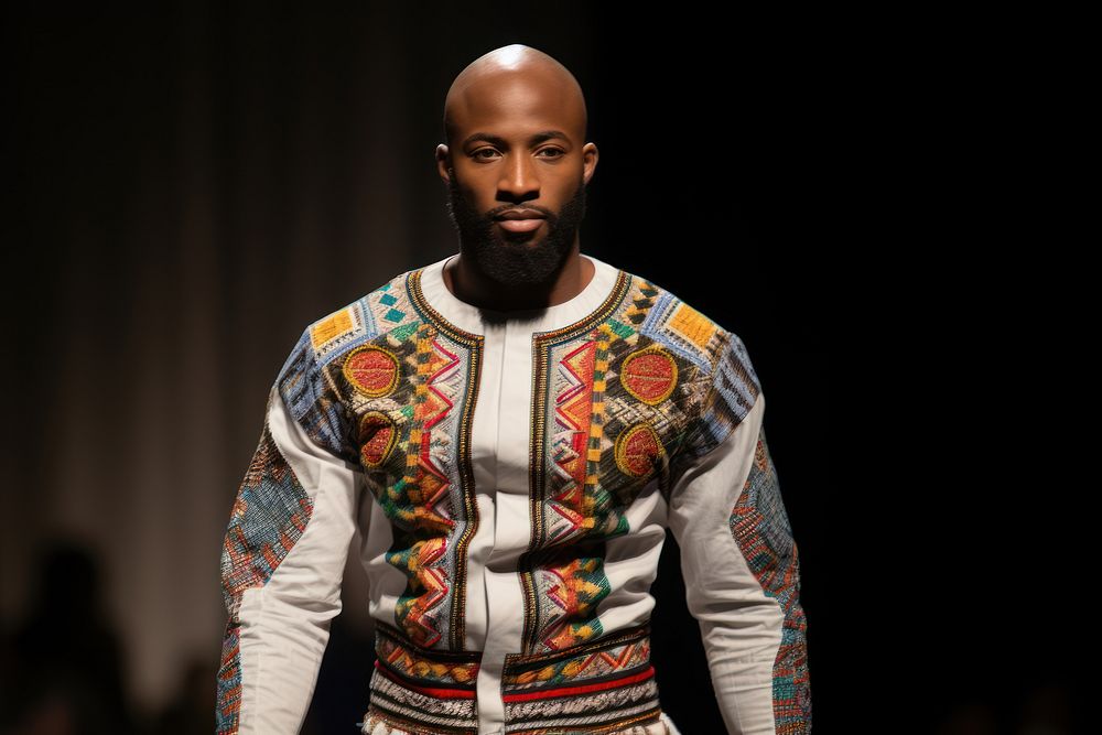 An african man model on fashion runway individuality bodybuilder performance.