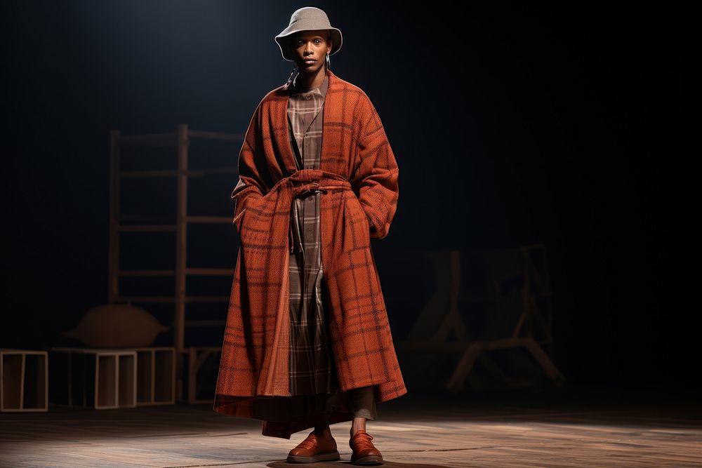 An african man model on fashion runway overcoat entertainment architecture.