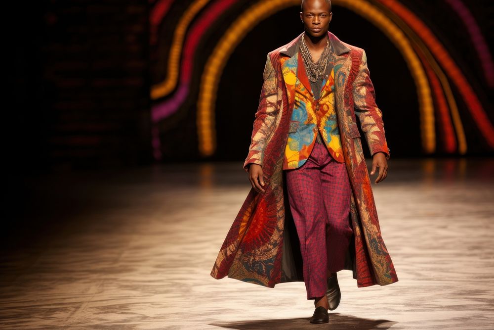 An african man model on fashion runway performance accessories performer.
