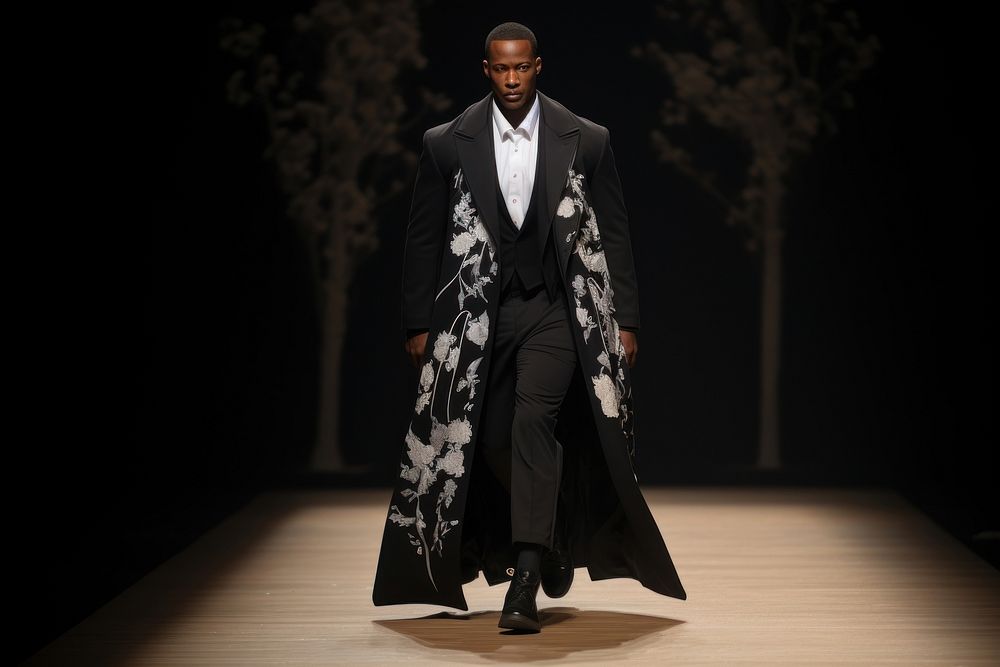 An african man model on fashion runway overcoat adult performance.