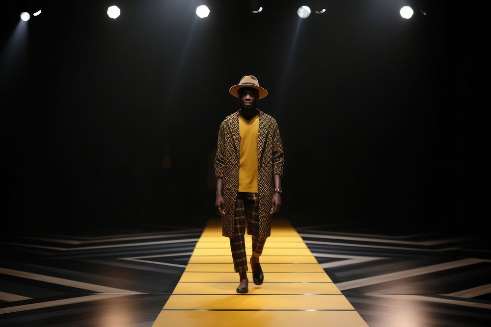An african man model on fashion runway standing adult illuminated.