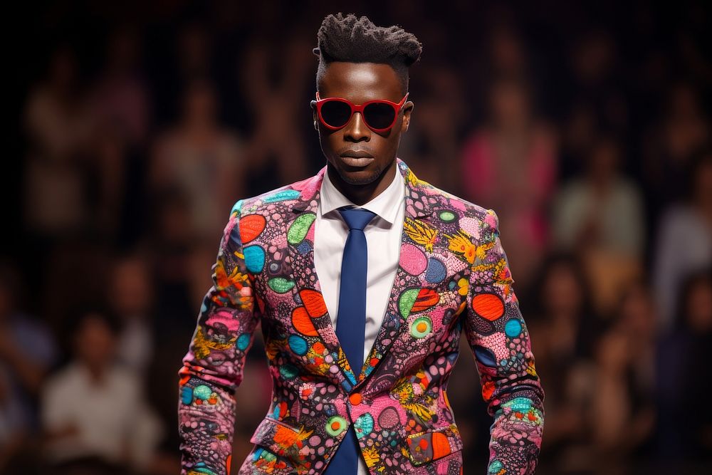 An african man model on fashion runway performance sunglasses performer.