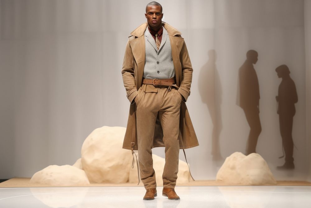 An african man model on fashion runway overcoat performer footwear.