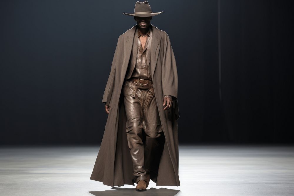 An african man model on fashion runway overcoat performance headwear.