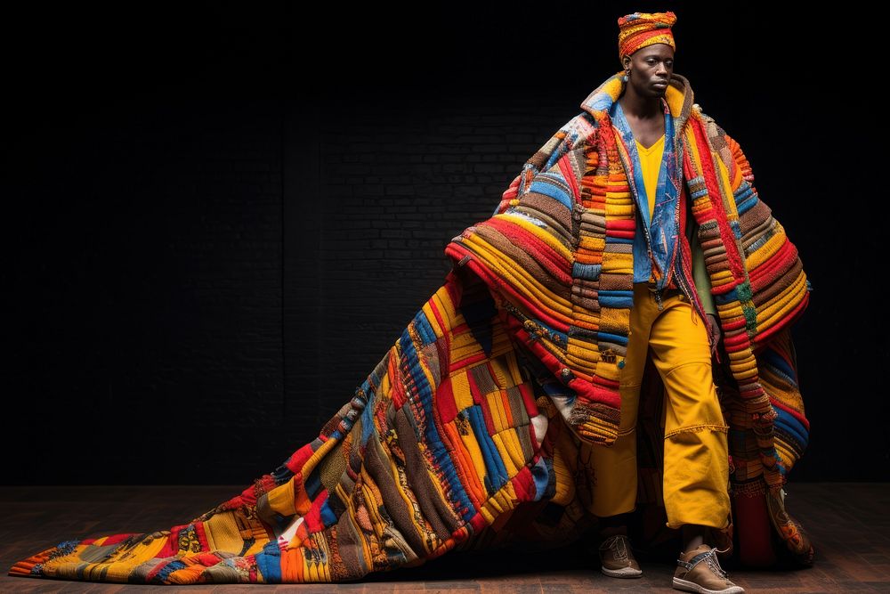An african man model on fashion runway tradition performer headwear.