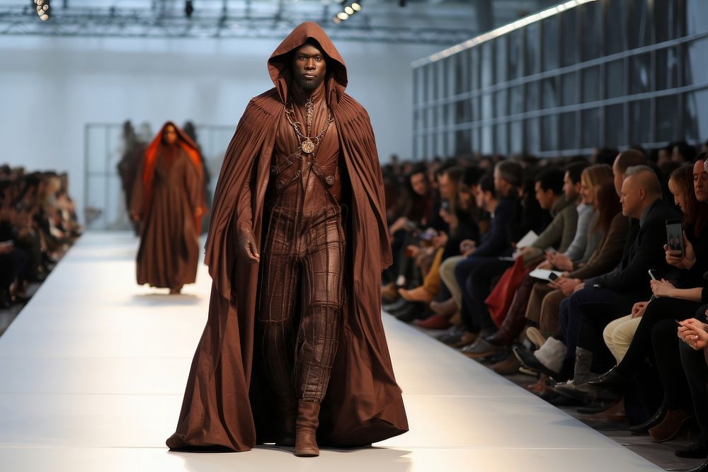 An african man model on fashion runway adult coat architecture.