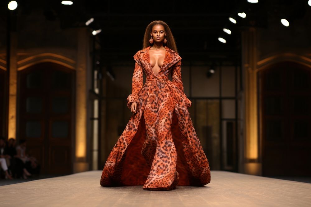 An african woman model on fashion runway dress adult gown.