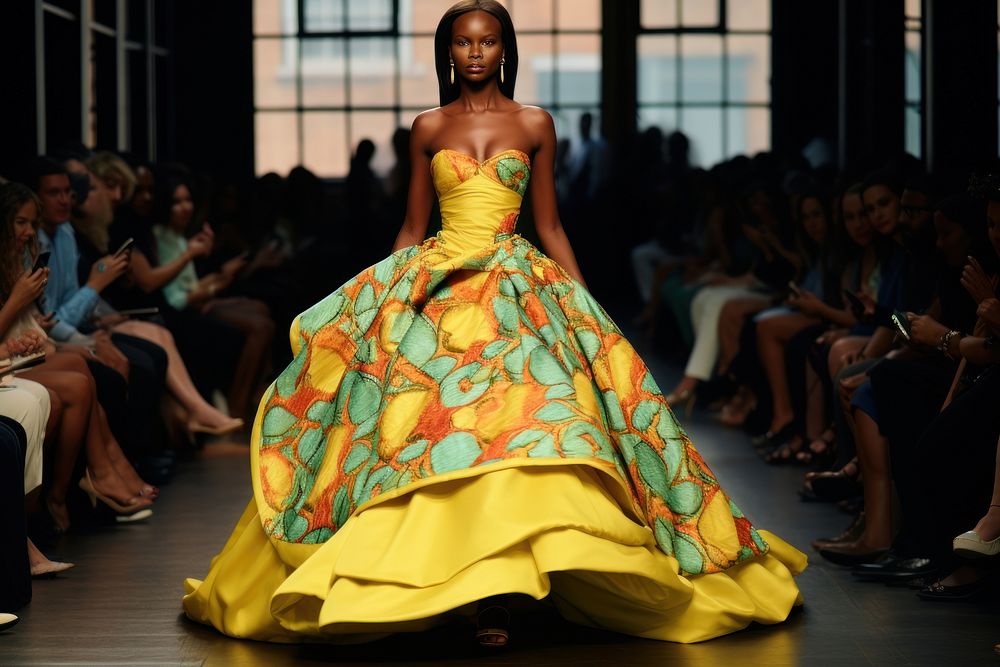 An african woman model on fashion runway adult dress gown.