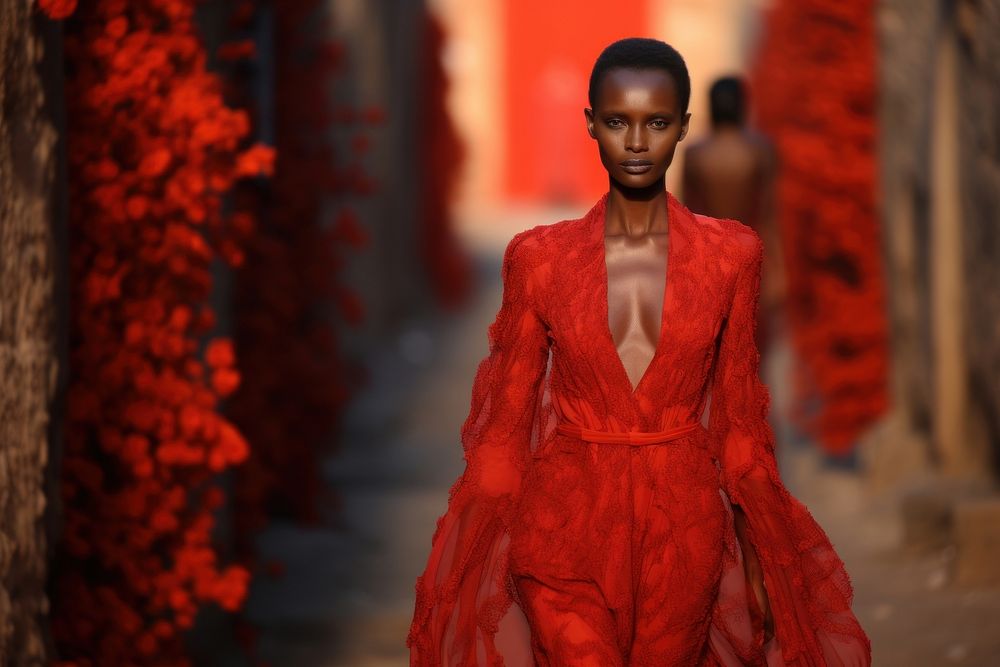 An african woman model on fashion runway dress gown elegance.