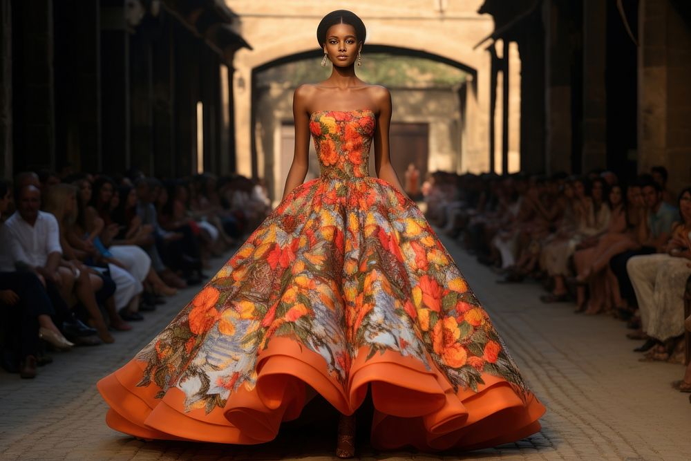 An african woman model on fashion runway adult dress gown.