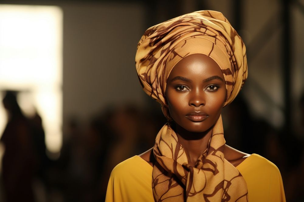 An african woman model on fashion runway adult headscarf portrait.