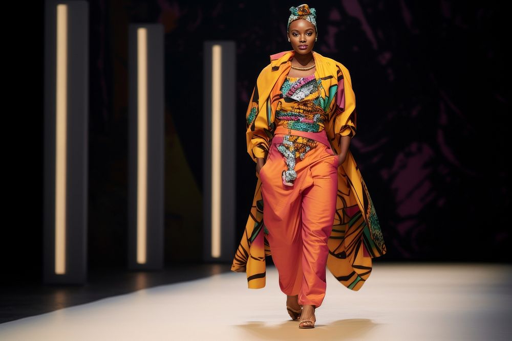 An african woman model on fashion runway adult performance accessories.