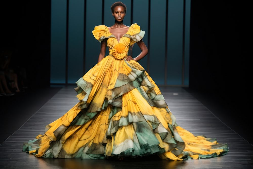 An african woman model on fashion runway dancing dress gown.