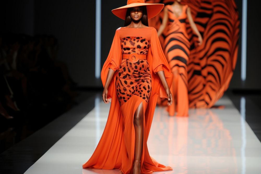 An african woman model on fashion runway adult dress headwear.