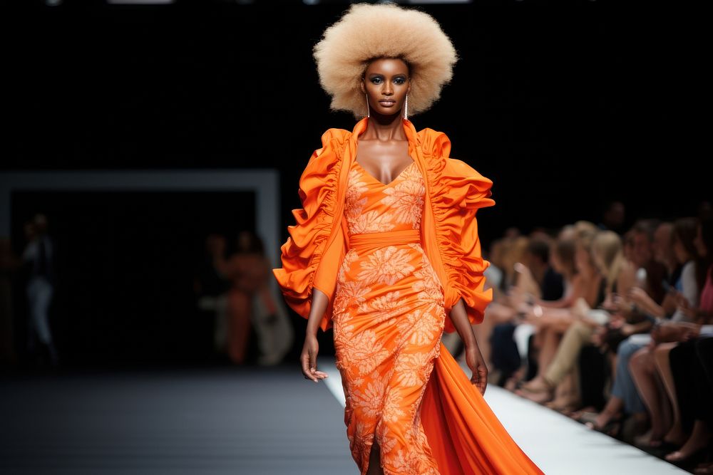 An african woman model on fashion runway adult dress portrait.