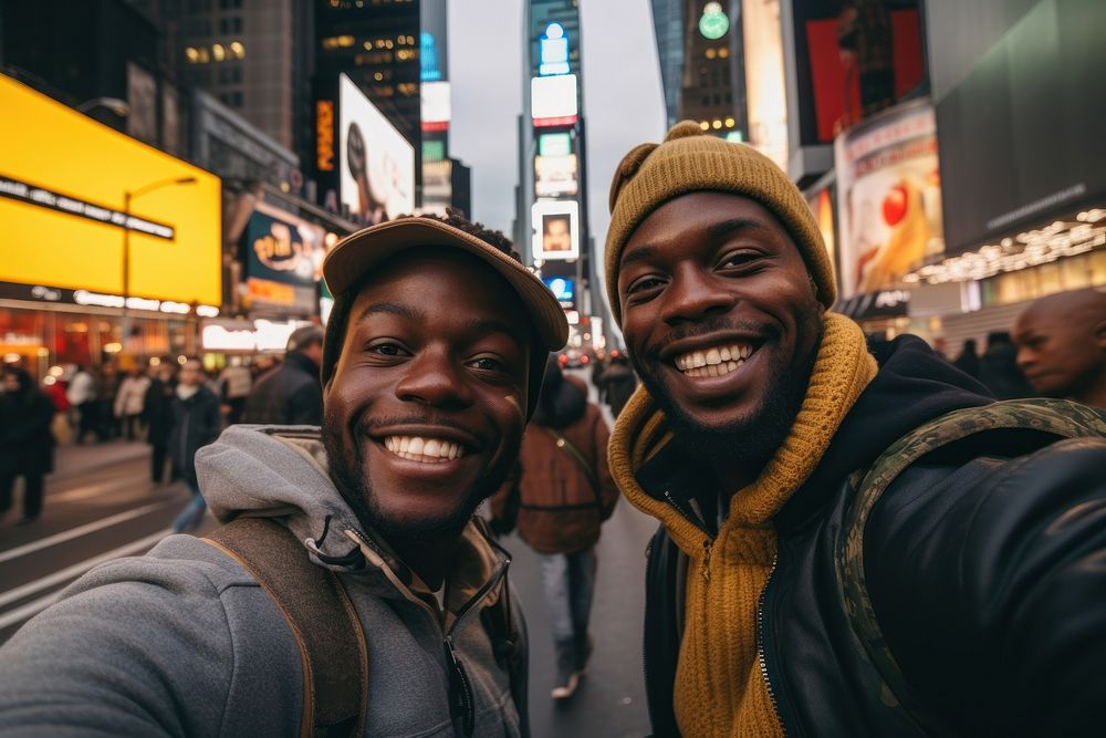 African American travelers taking a selfie together city portrait street.