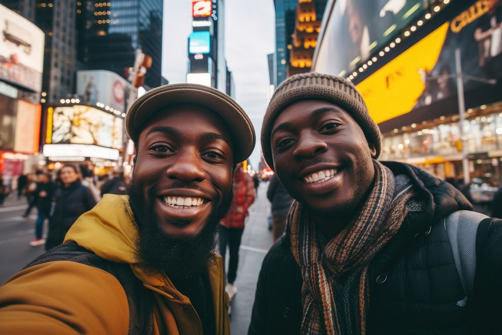 African American travelers taking a selfie together city portrait street.