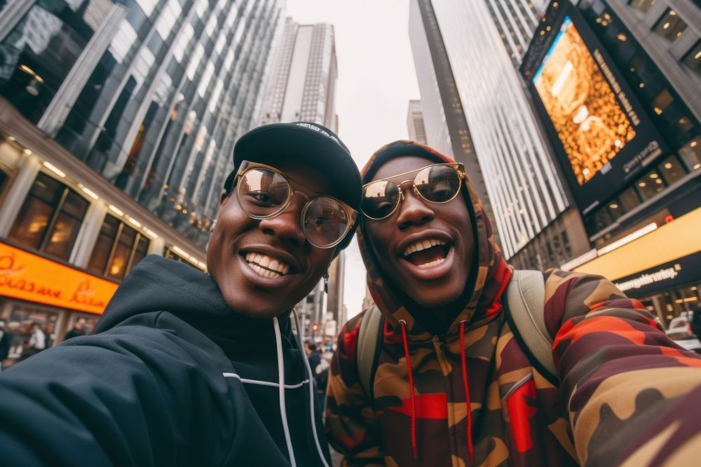 African American travelers taking a selfie together city architecture sunglasses.