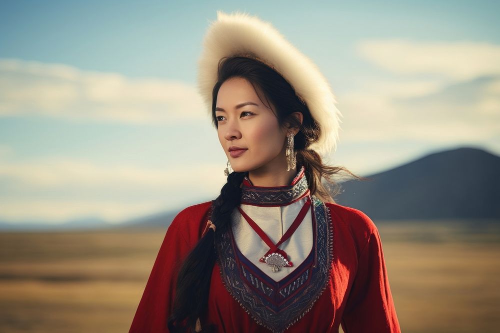 Mongolian woman nature contemplation hairstyle.