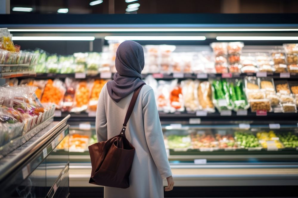 Qatari woman is choosing healthy foods in supermarkets adult refrigerator consumerism.