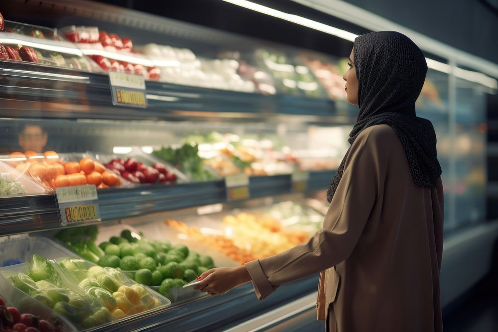 Qatari woman is choosing healthy foods in supermarkets adult refrigerator consumerism.