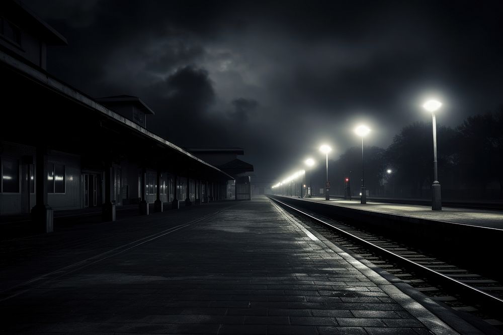 Dark background train monochrome outdoors.